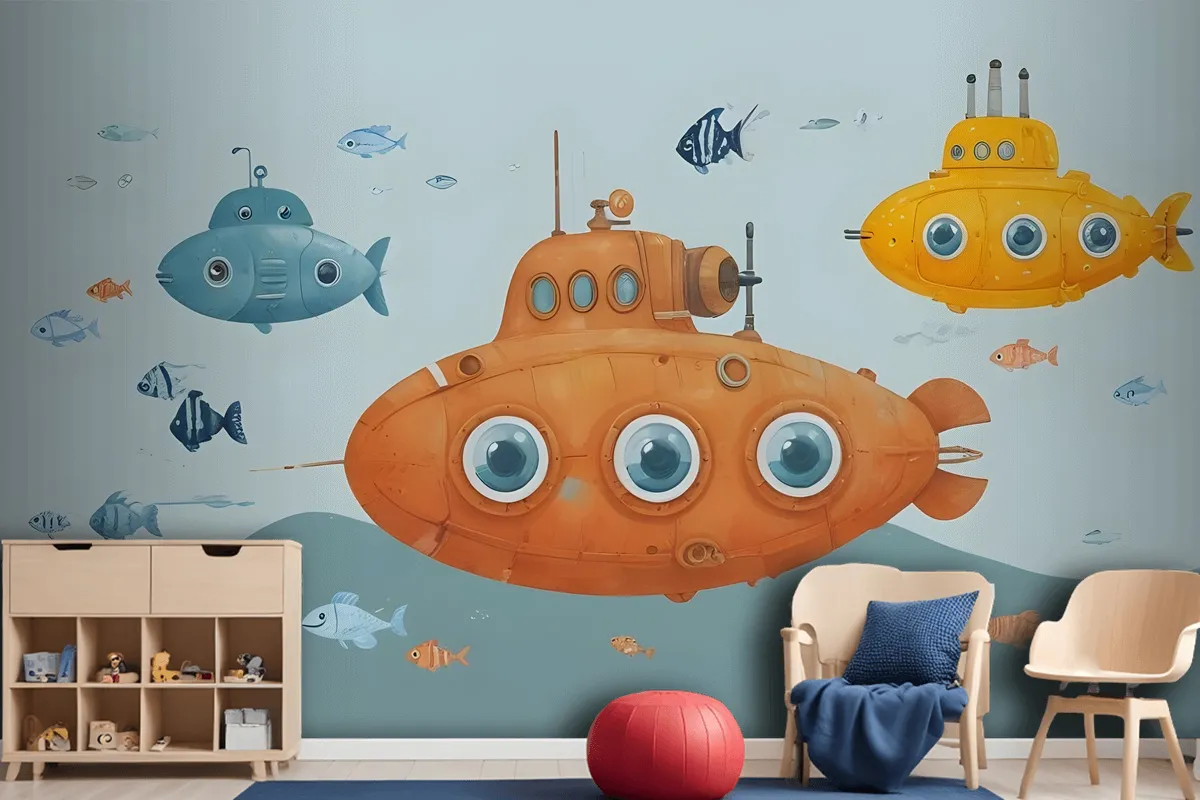 Kids Boys Watercolor Underwater With Submarine Wallpaper Mural