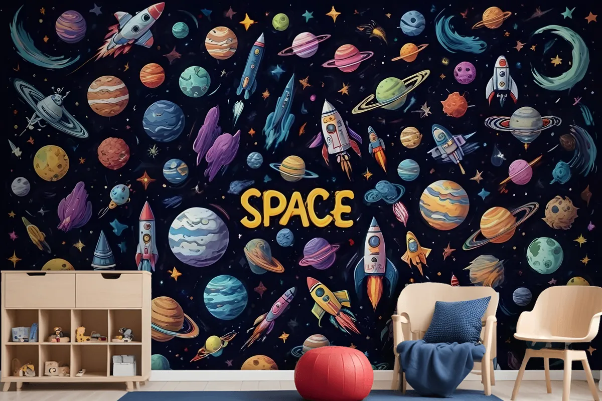 Kids Cartoon Space With Astronaut And Colorful Planets Wallpaper Mural