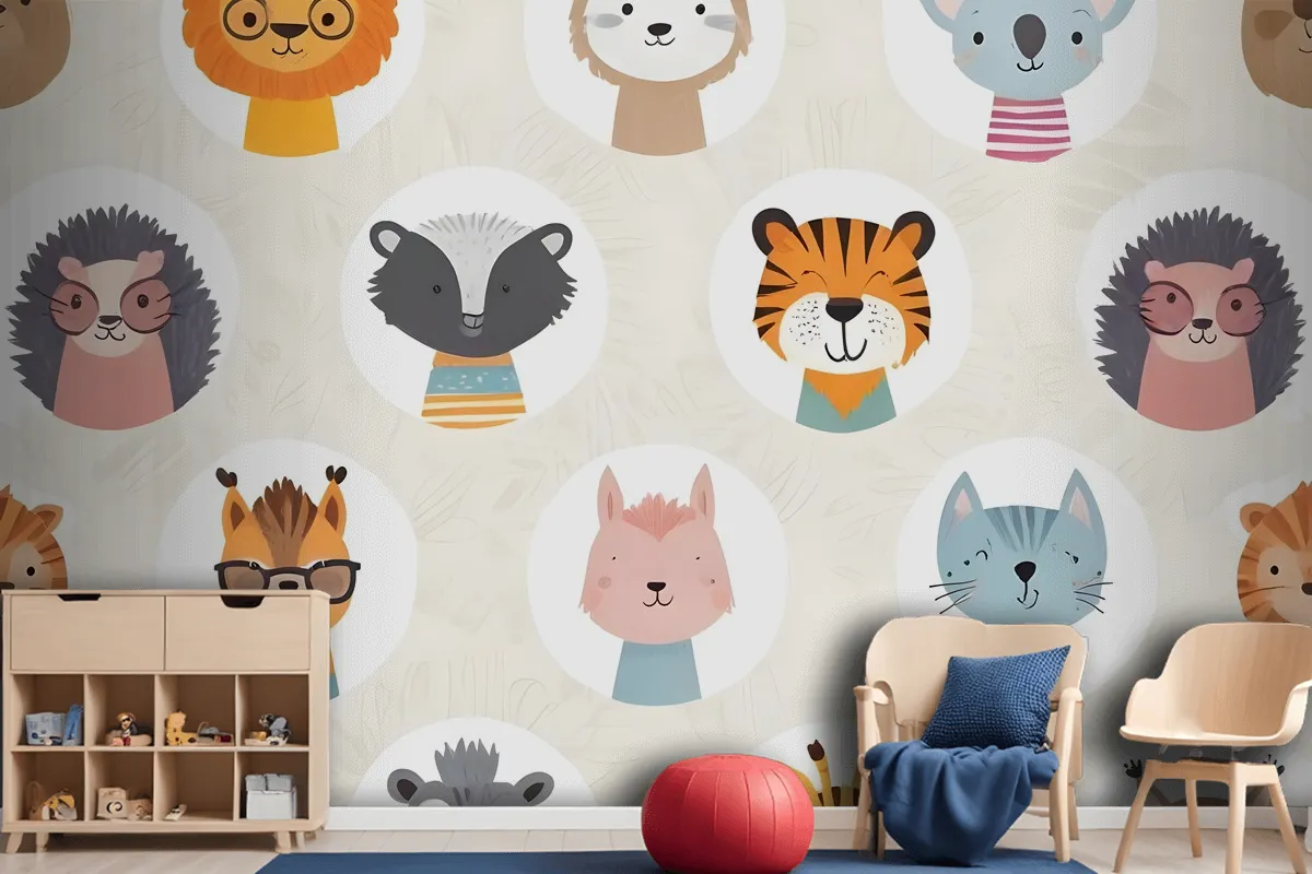 Kids Cute Safari Animals Pattern Wallpaper Mural