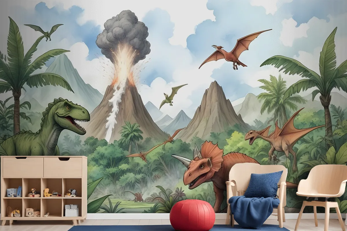 Kids Dinosaur With Trex Jurassic World Wallpaper Mural