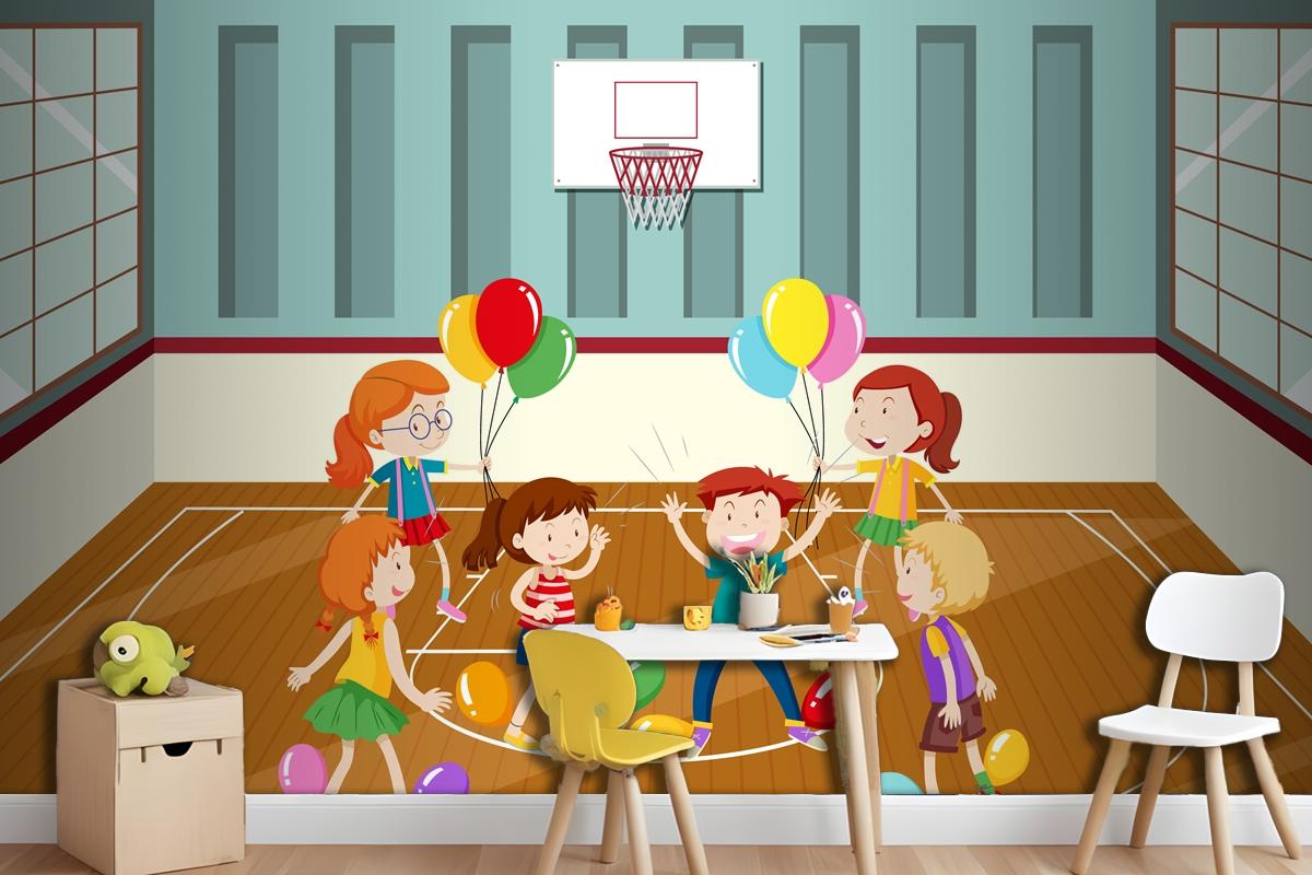 Kids Doing Physical Activity With Balloons Wallpaper Mural