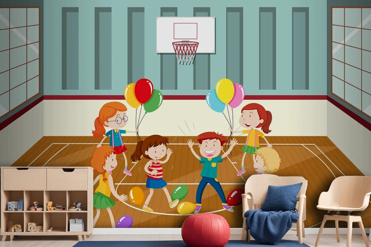 Kids Doing Physical Activity With Balloons Wallpaper Mural