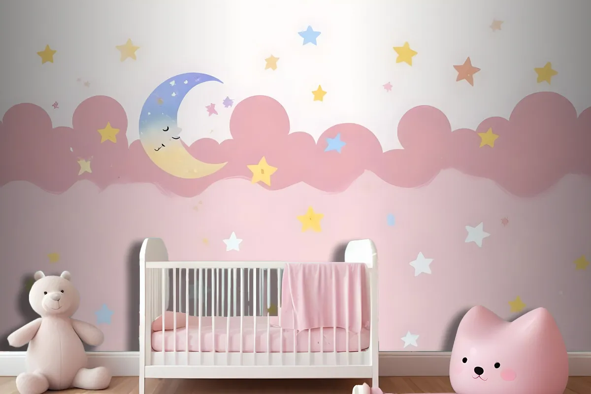 Kids Girls Pink Night With Sleeping Moon Wallpaper Mural