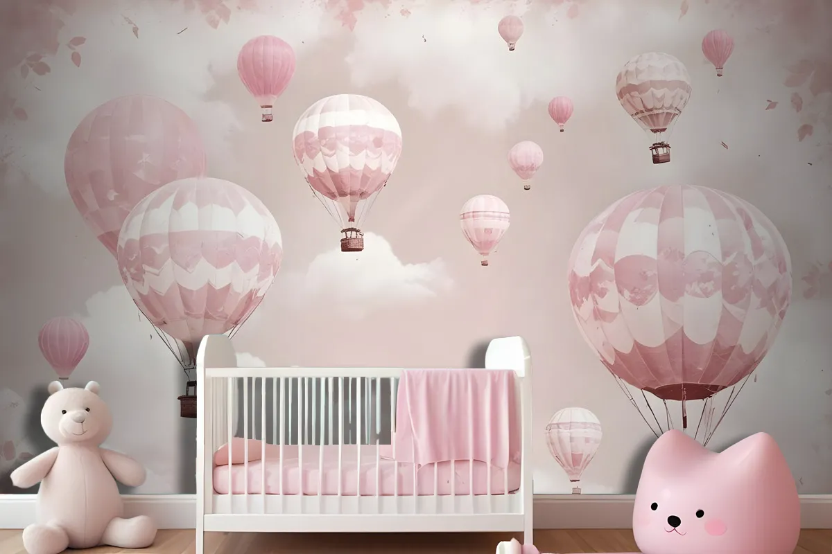 Kids Girls Pink Sky Of Hot Air Balloon Wallpaper Mural