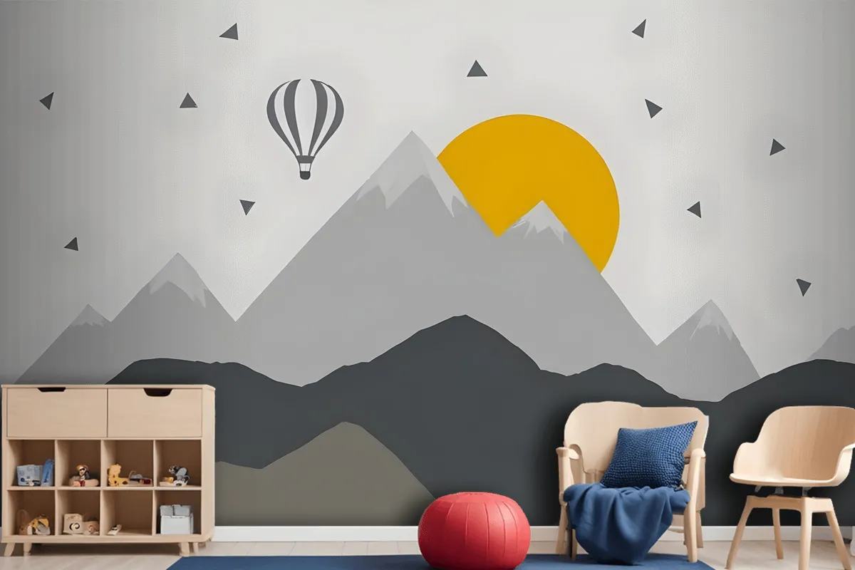 Kids Gray Geometric Mountainscape And Hot Air Balloon Wallpaper Mural