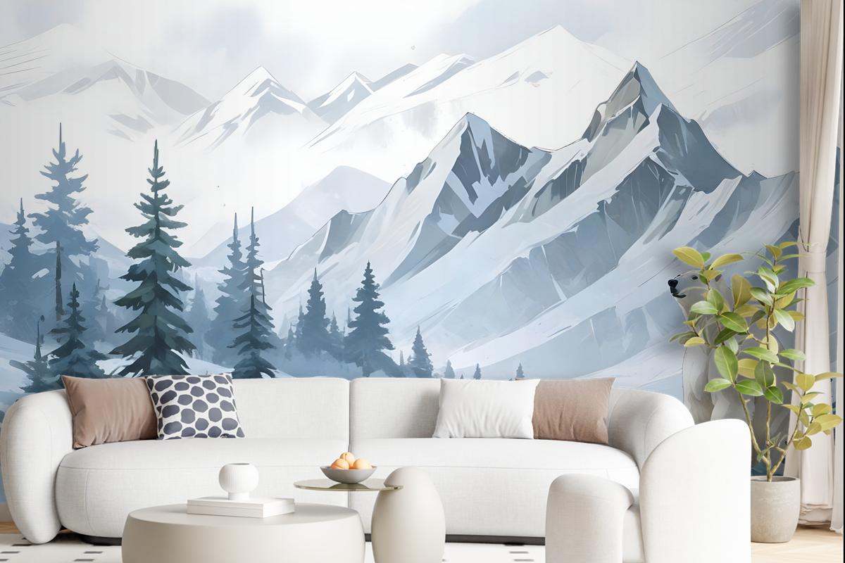 Kids Mountain Landscape With Cartoon Bear Wallpaper Mural