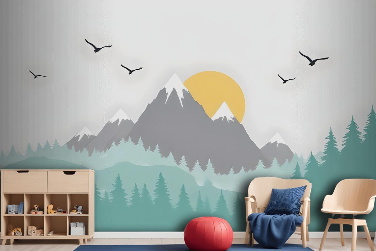 Kids Mountain Landscape With Trees Wallpaper Mural