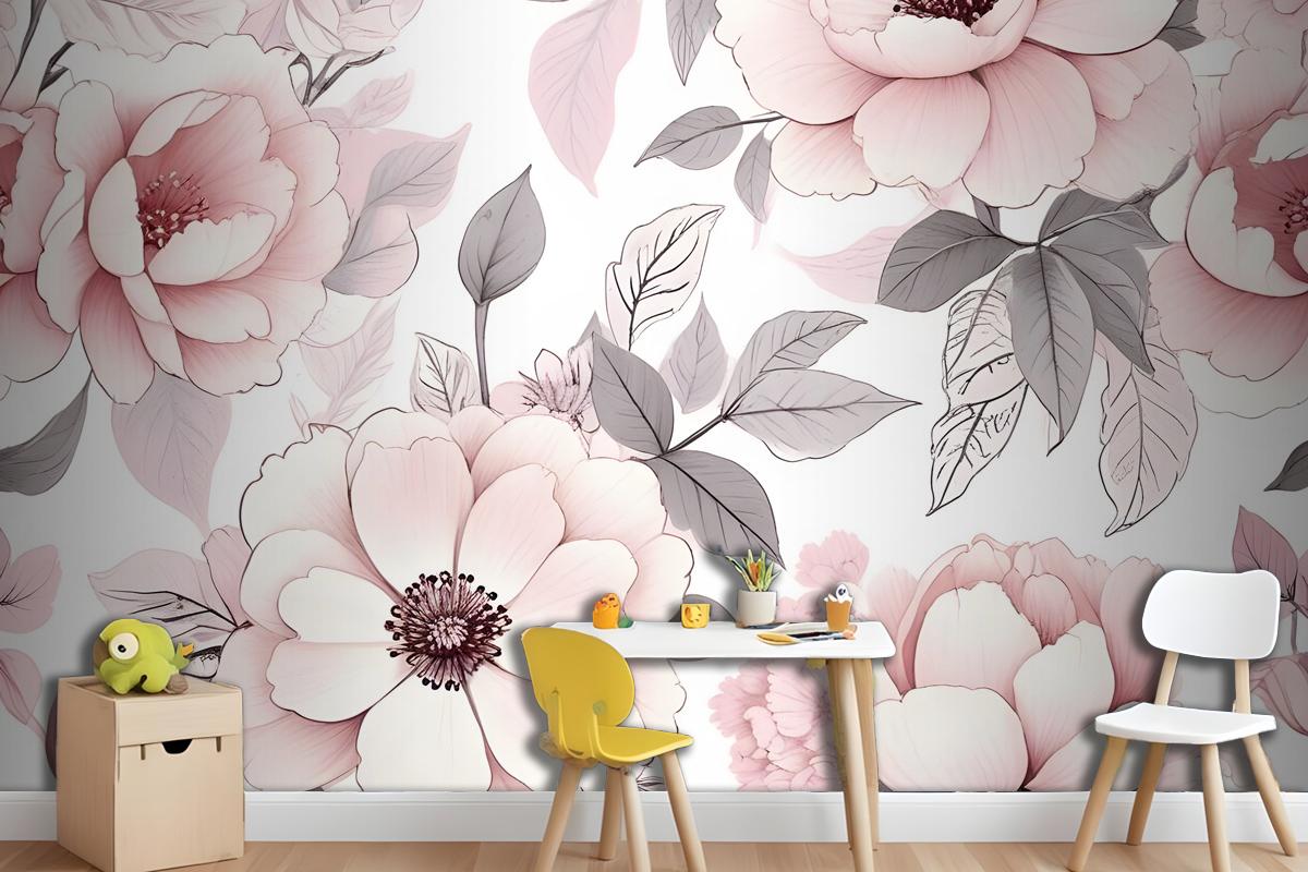 Kids Nursery Floral Pink Rose Pattern Wallpaper Mural