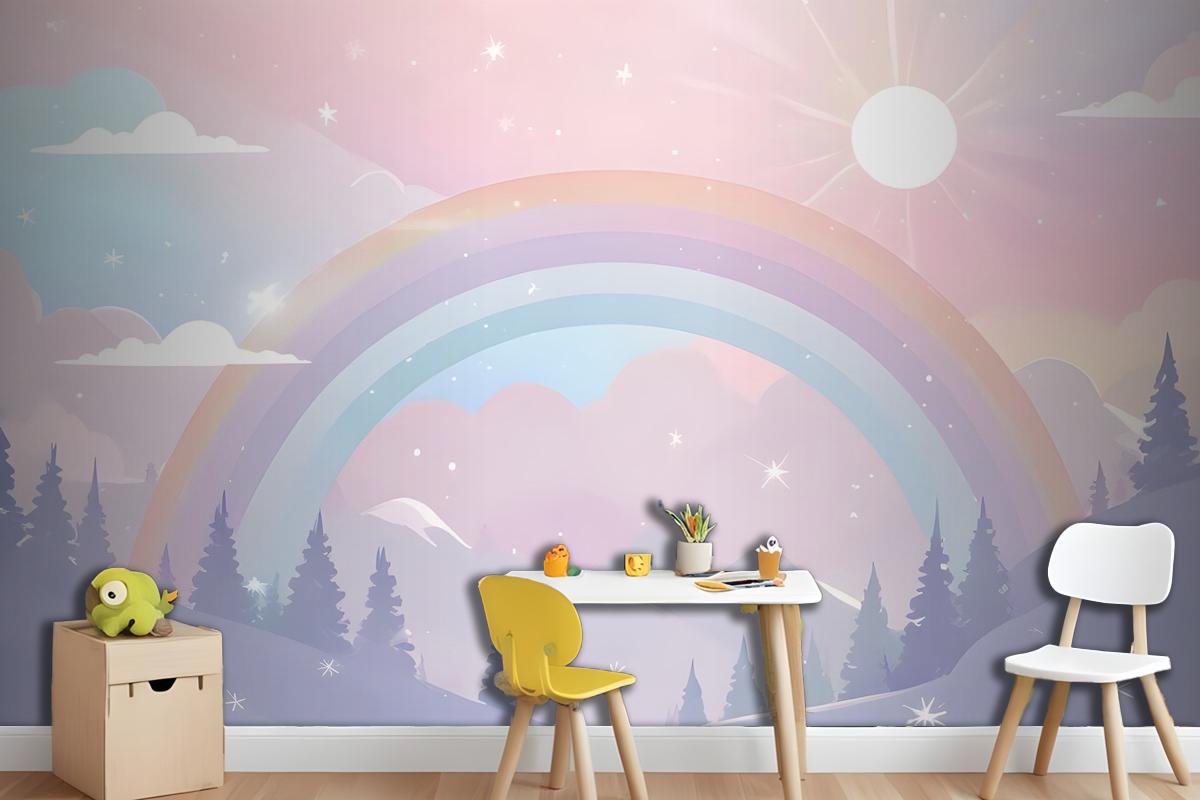 Kids Nursery Rainbow With Colorful Mountains And Shiny Stars Wallpaper Mural