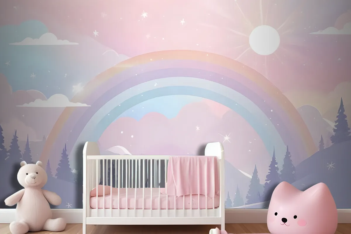 Kids Nursery Rainbow With Colorful Mountains And Shiny Stars Wallpaper Mural