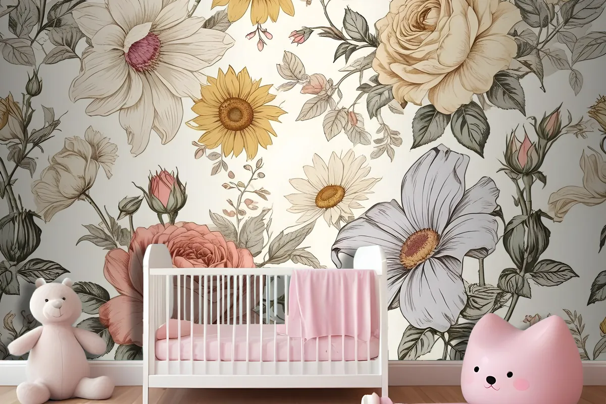 Kids Peony And Daisy Floral Wallpaper Mural