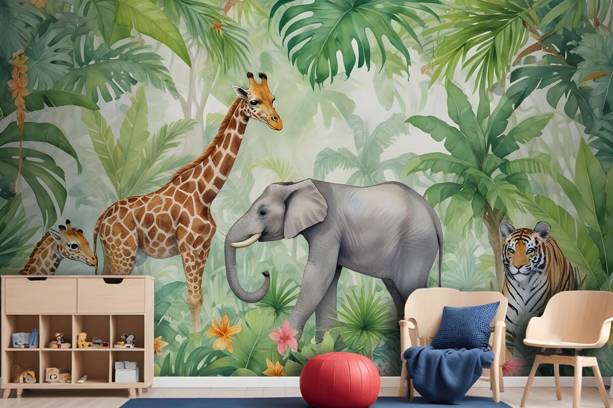 Kids Safari Watercolor Tropical Forest Jungle Animals Wallpaper Mural