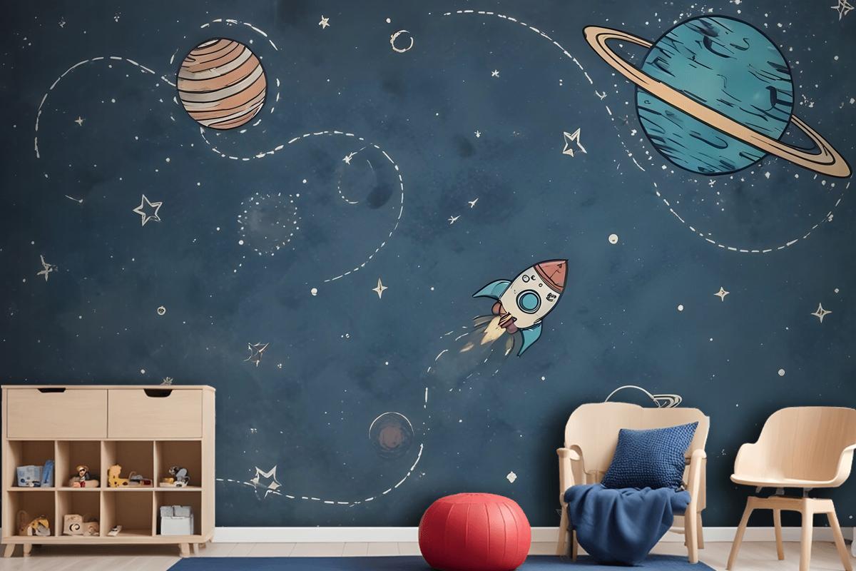 Kids Shining Cartoon Space With White Stripe Wallpaper Mural