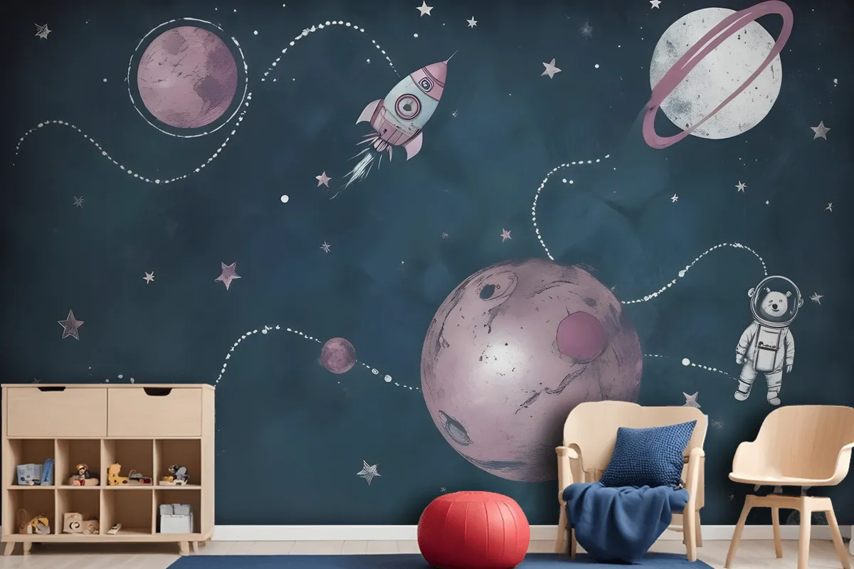 Kids Shining Space With Watercolor Bear Astronaut Wallpaper Mural