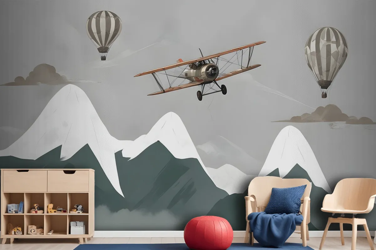 Kids Snowy Mountain With Plane And Balloons Wallpaper Mural