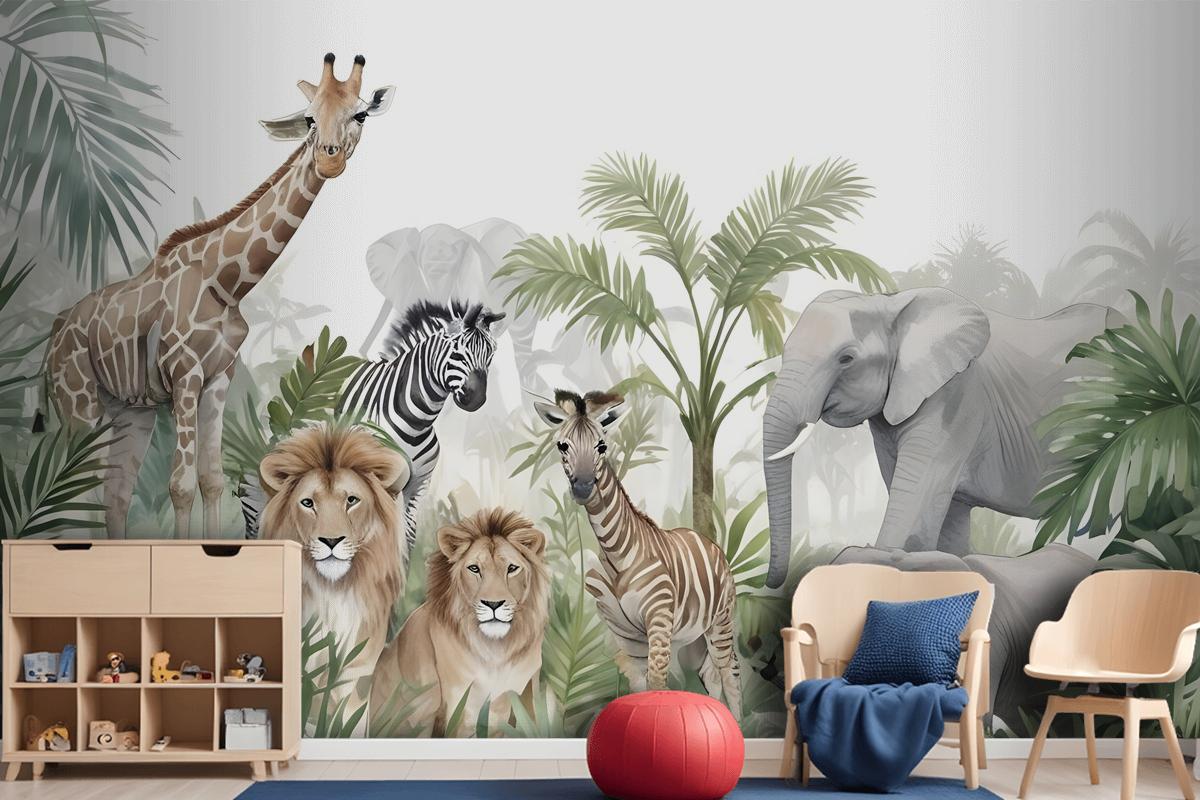 Kids Tropical Animals With Leafs Wallpaper Mural