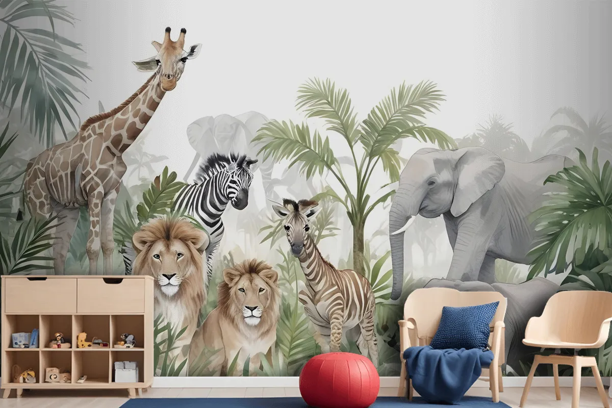 Kids Tropical Animals With Leafs Wallpaper Mural