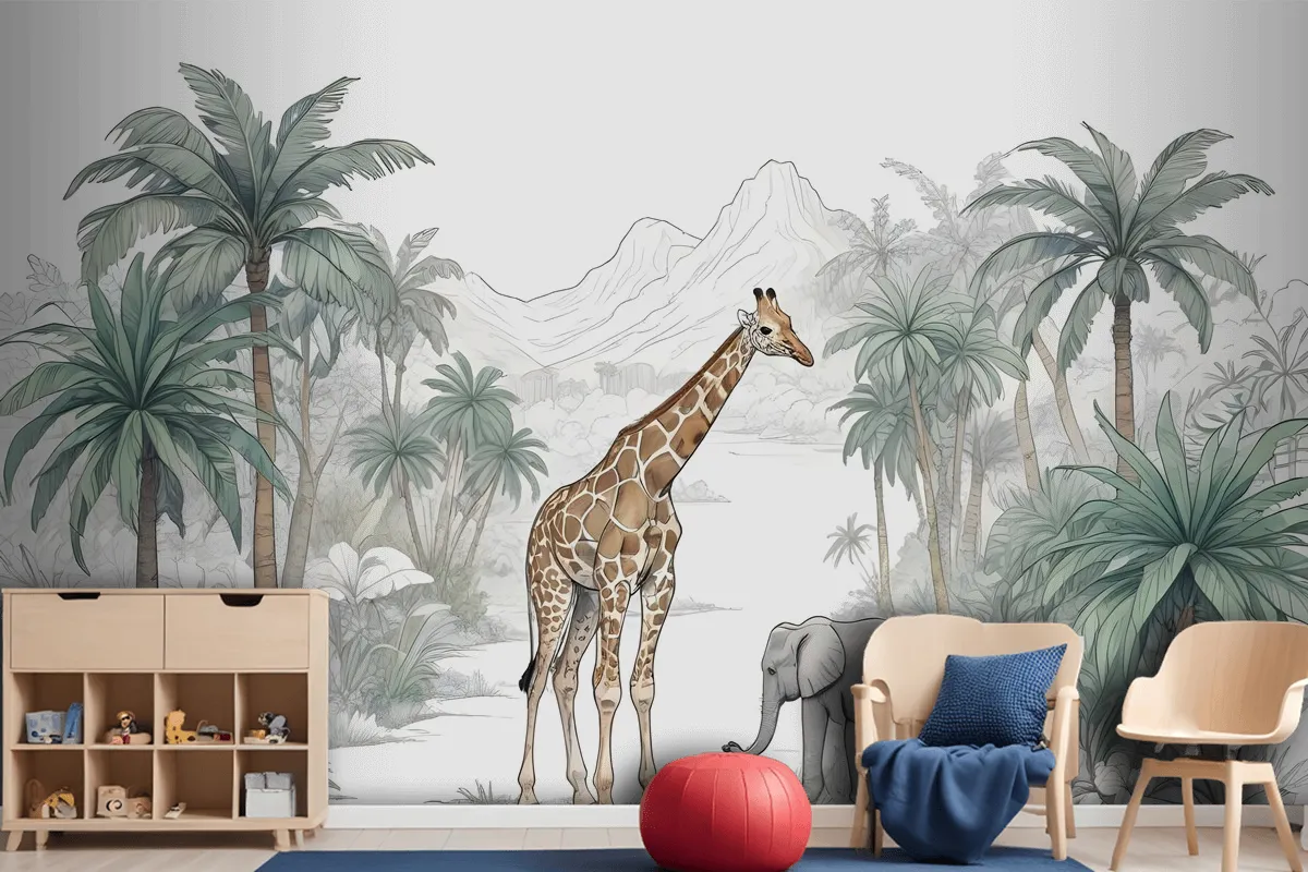 Kids Tropical Animals With Mountain Wallpaper Mural