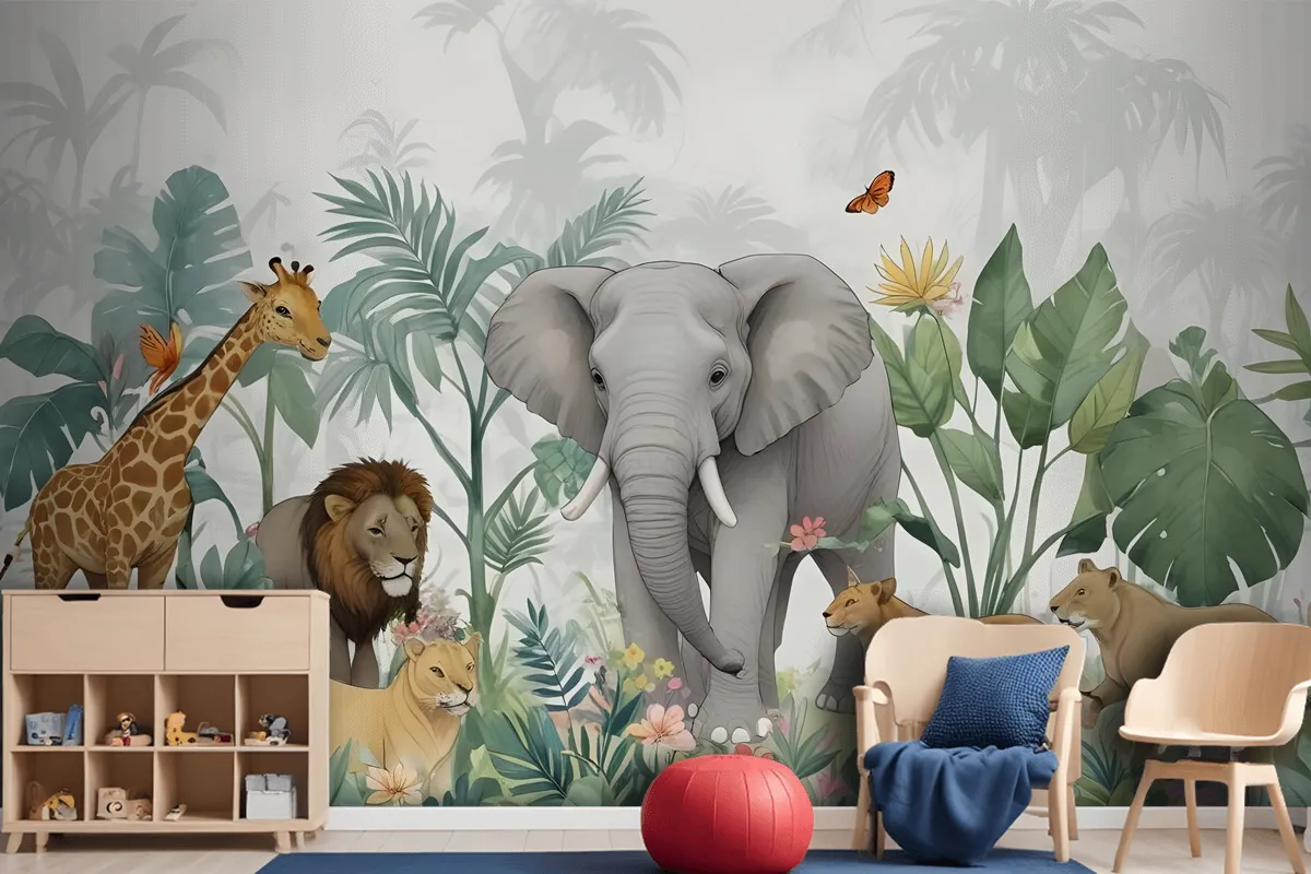 Kids Tropical Safari Animals With Green Leafs Wallpaper Mural