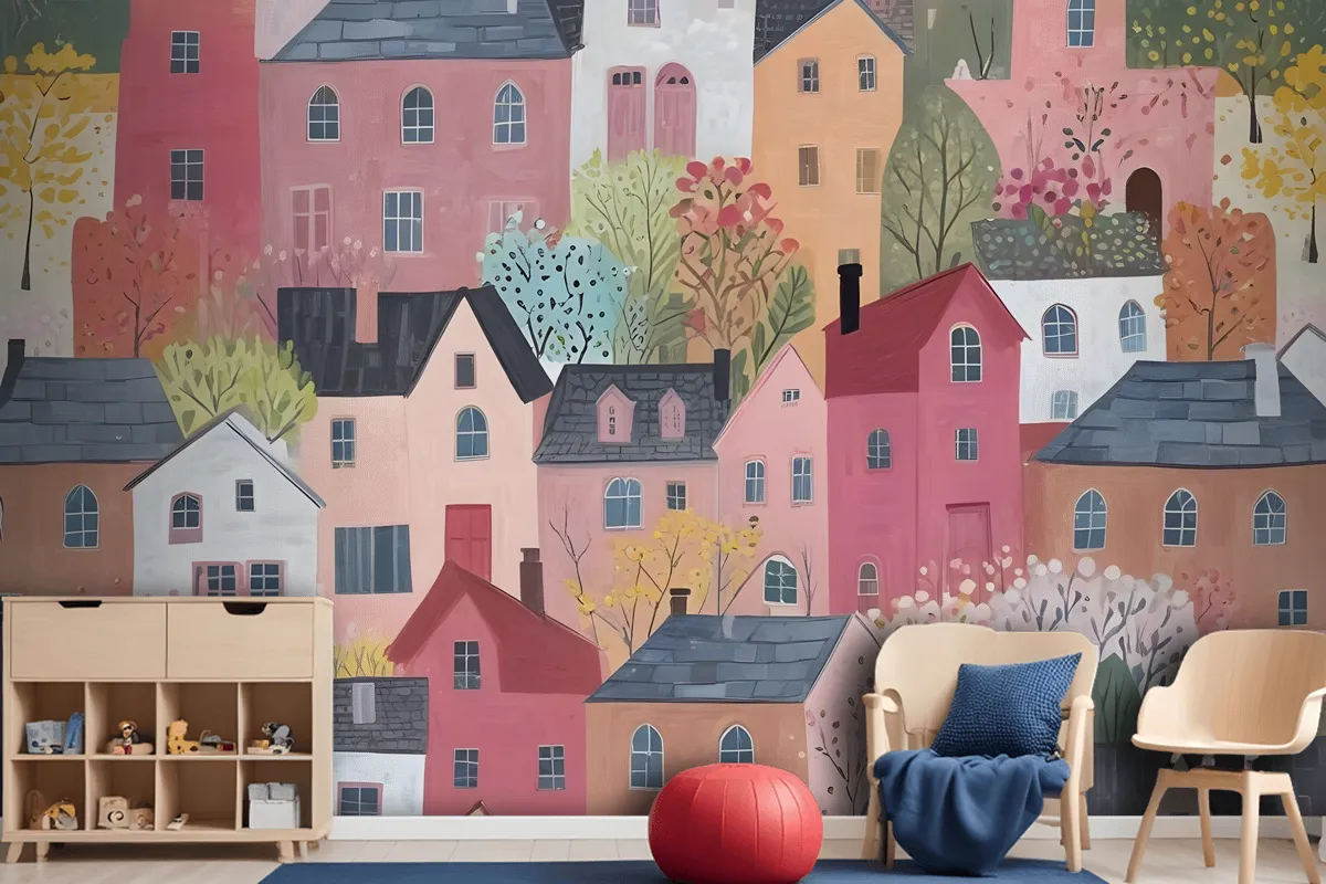 Kids Watercolor Cute Town House Wallpaper Mural