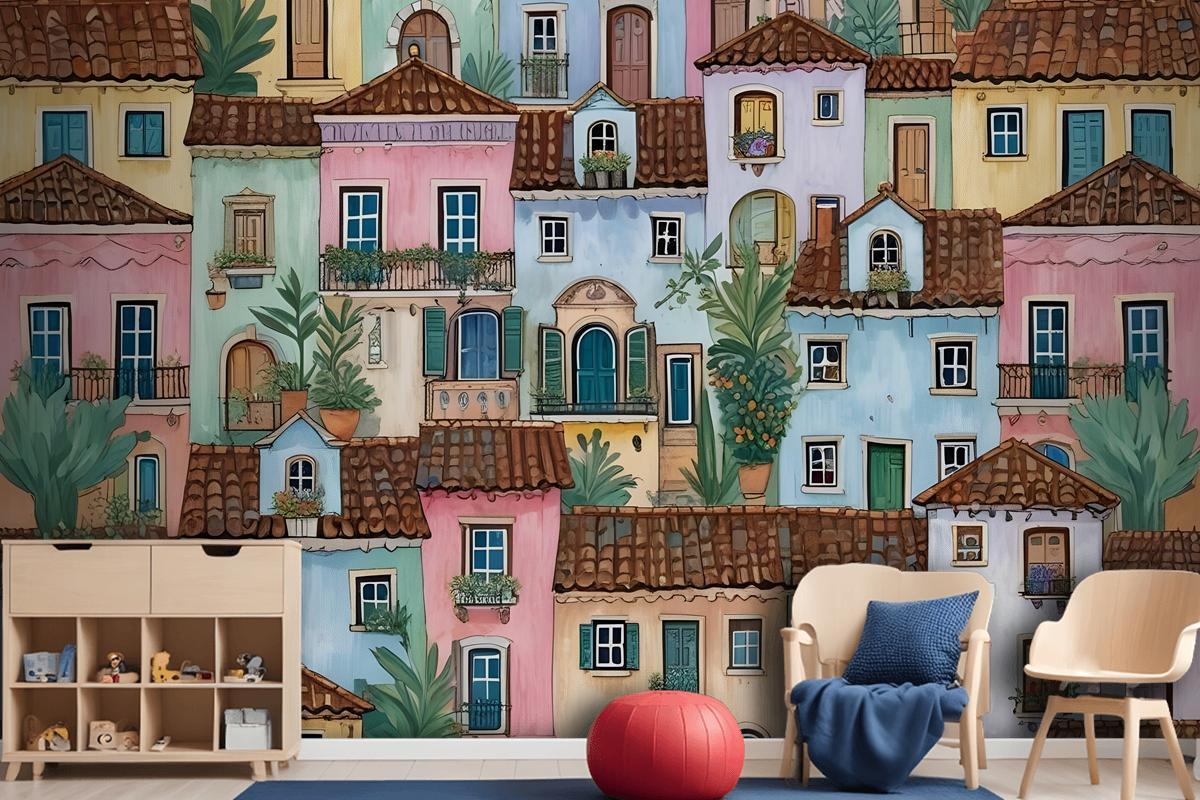 Kids Watercolor Medieval House With Plants Wallpaper Mural