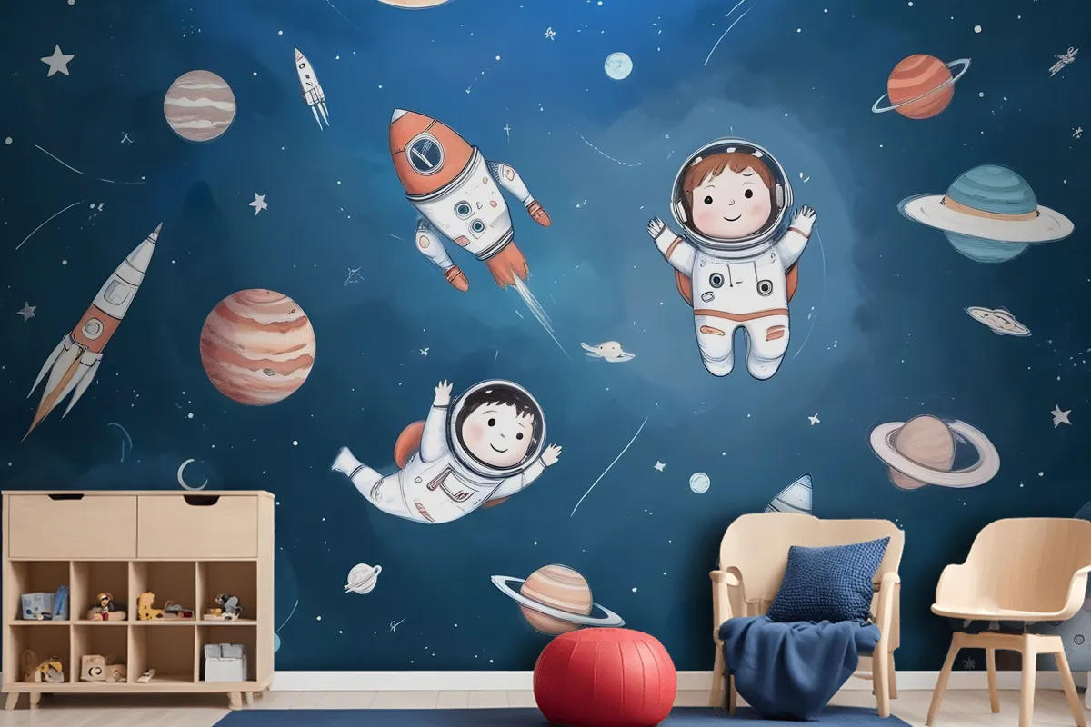 Kids Watercolor Space With Planets Wallpaper Mural