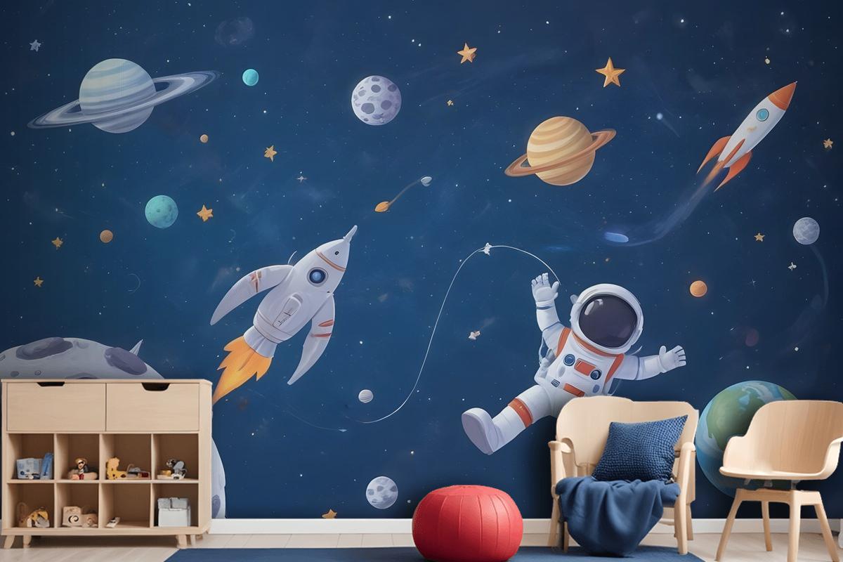 Kids Watercolor Space With Spaceship And Astronaut Wallpaper Mural