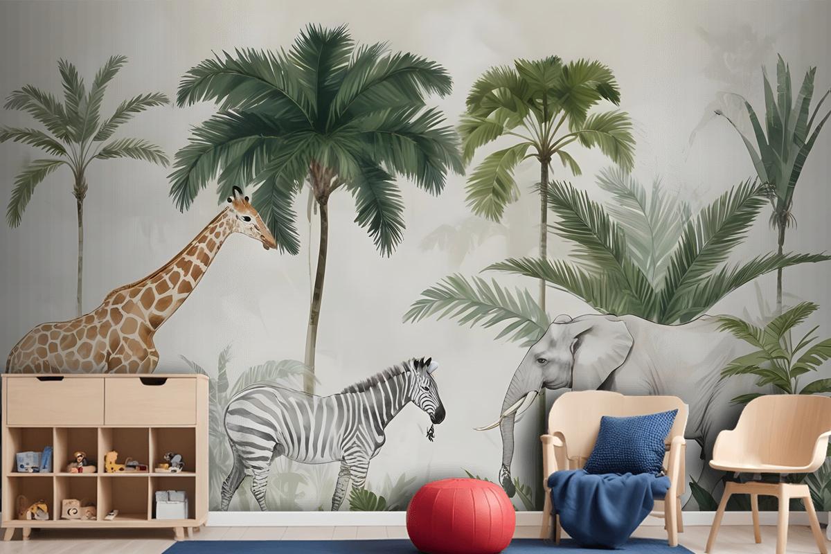 Kids Wild Tropical Animals With Palm Trees Wallpaper Mural