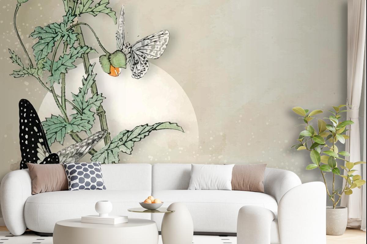 Leafy Butterfly Frame Design Wallpaper Mural