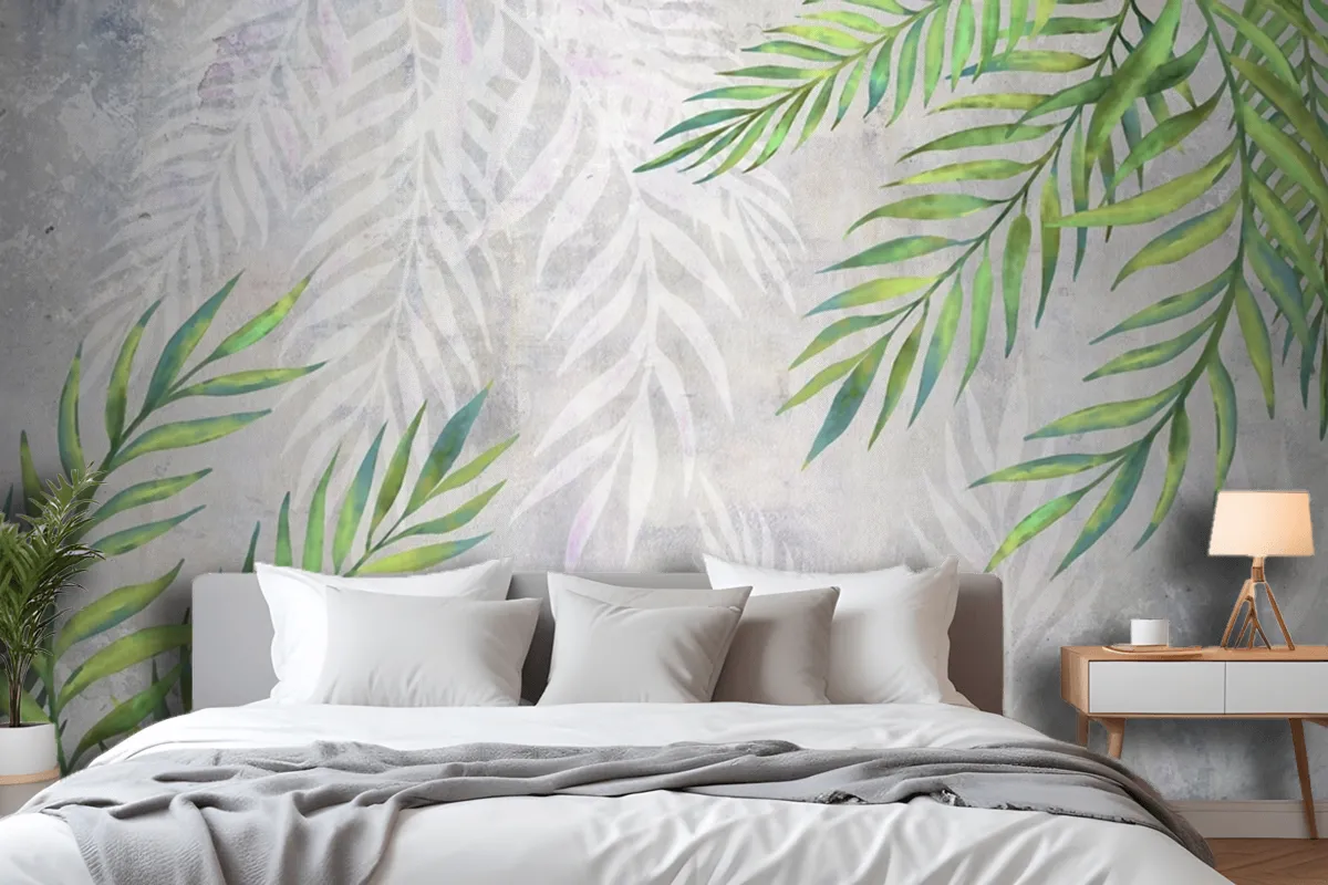 Leaves In The Corners On A Light Textured Wallpaper Mural