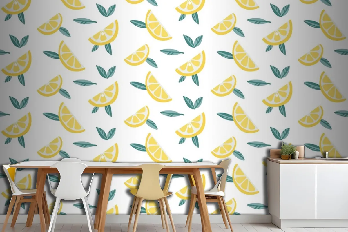 Lemon Fruit Slices With Leaves Seamless Pattern  Wallpaper Mural