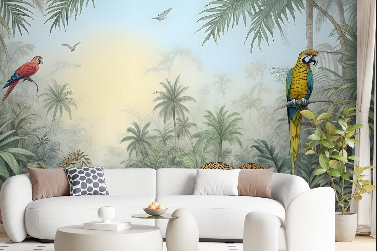 Leopard And Colorful Parrot In The Tropical Forest Wallpaper Mural