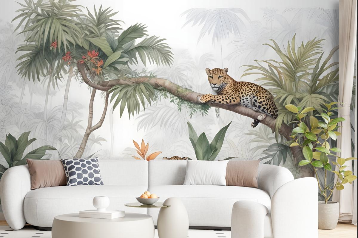 Leopards And Tropical Leaves Wallpaper Mural