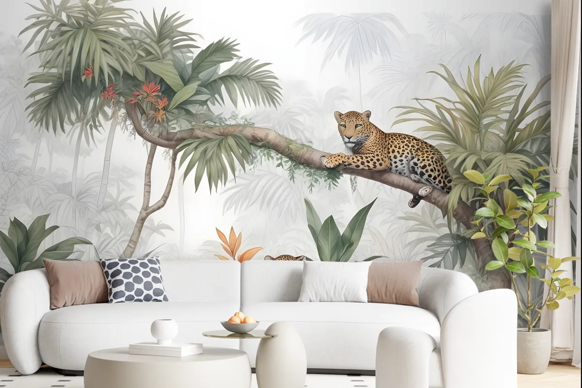 Leopards And Tropical Leaves Wallpaper Mural