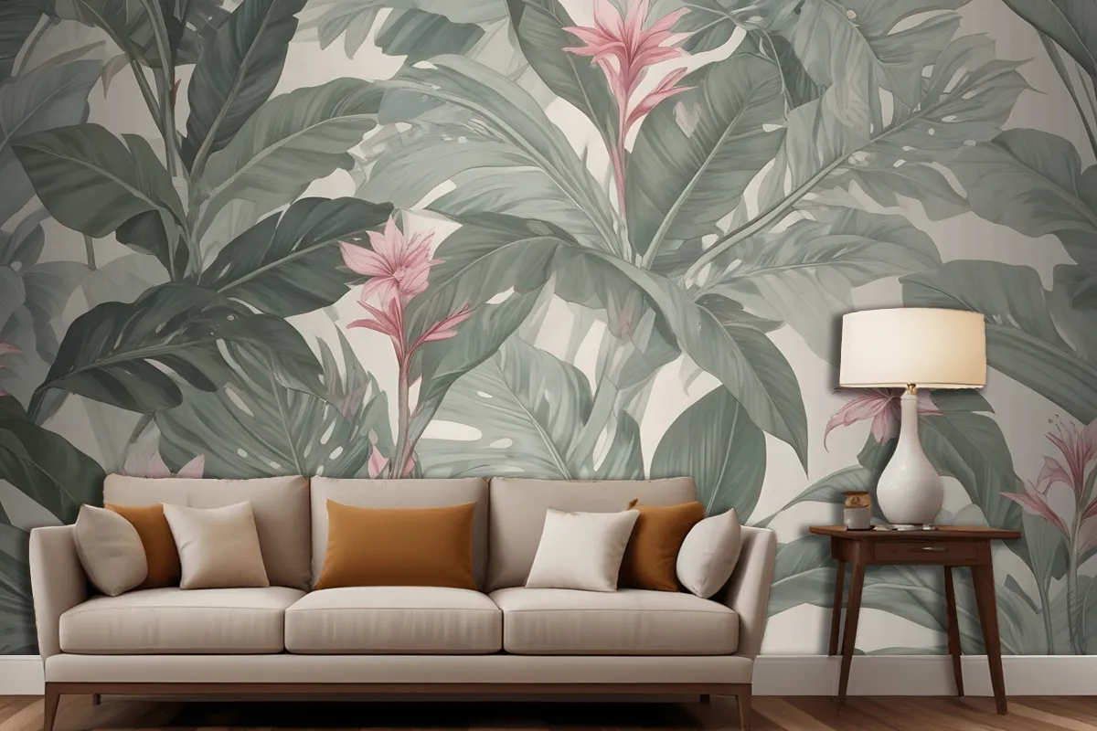 Light Background Large Green Leaves Pink Flowers Tropical Foliage Pattern Wallpaper Mural