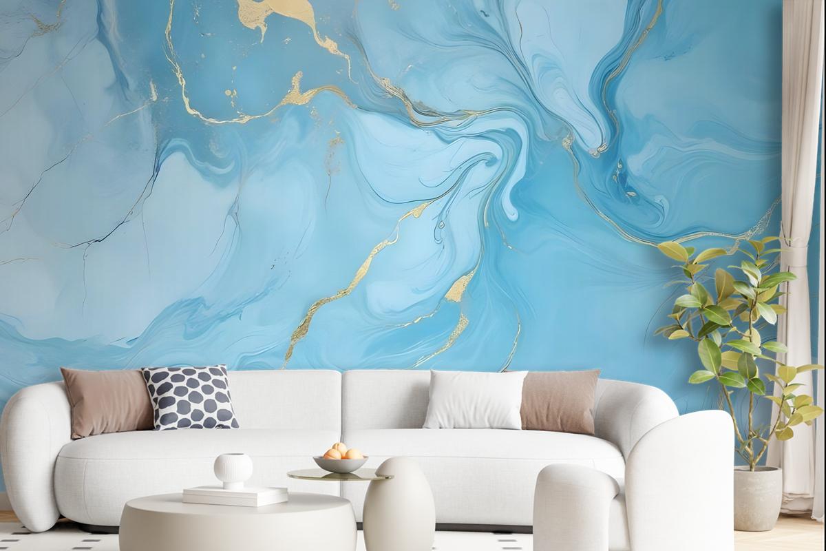 Light Blue Marble With Gold Look Splash Wallpaper Mural