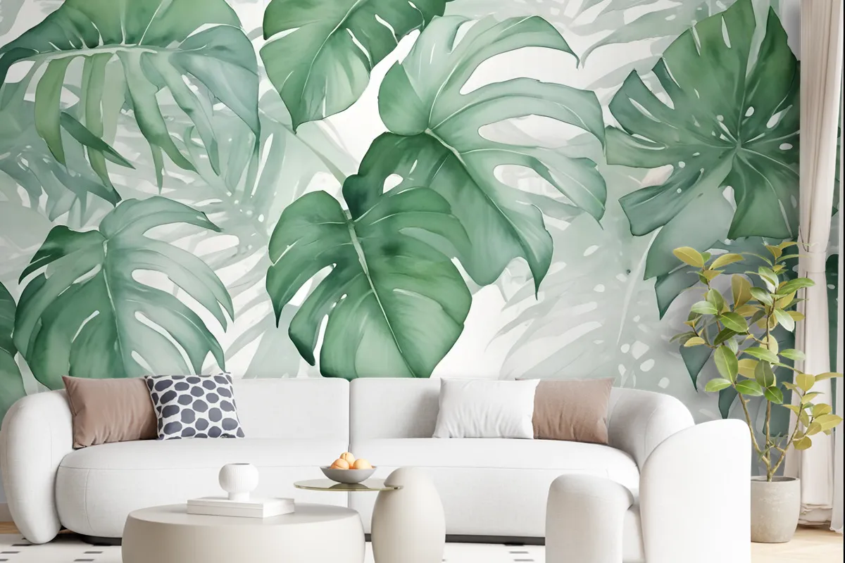 Light Green Tropical Leaves Wallpaper Mural