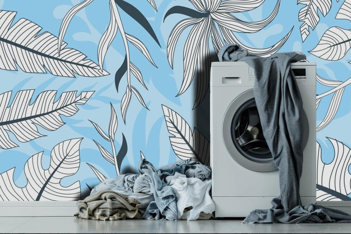 Linear Tropical Leaves With Pastel Color Laundry Wallpaper Mural