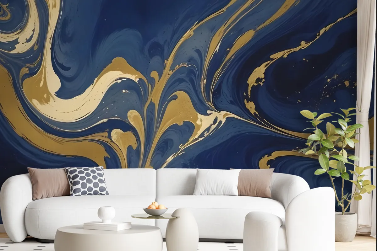 Liquid Abstract Marble Art Gold Blue Gradient Wallpaper Mural