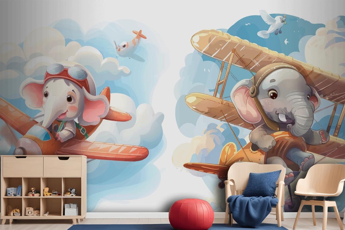 Little Elephant On Plane Wallpaper Mural