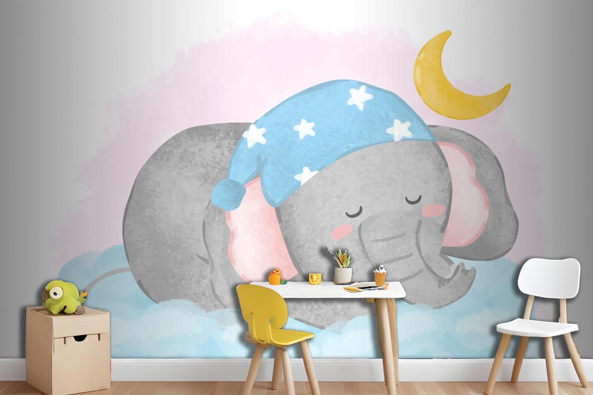 Lovely Elephant Sleeping On The Cloud In Painting Watercolor Wallpaper Mural