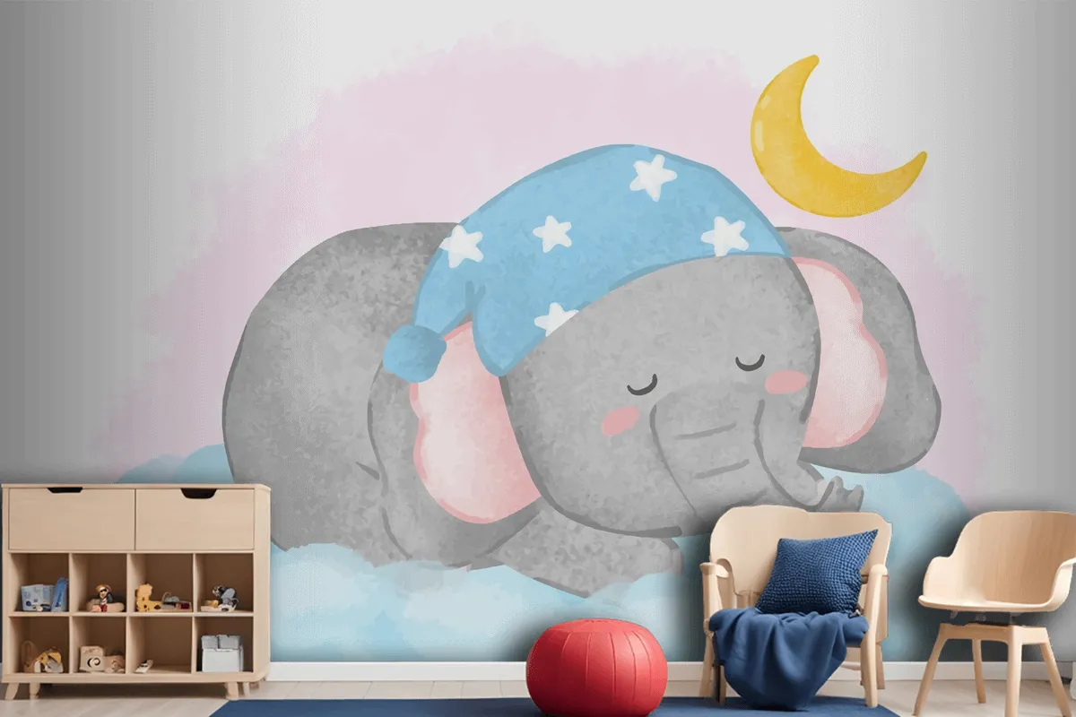 Lovely Elephant Sleeping On The Cloud In Painting Watercolor Wallpaper Mural