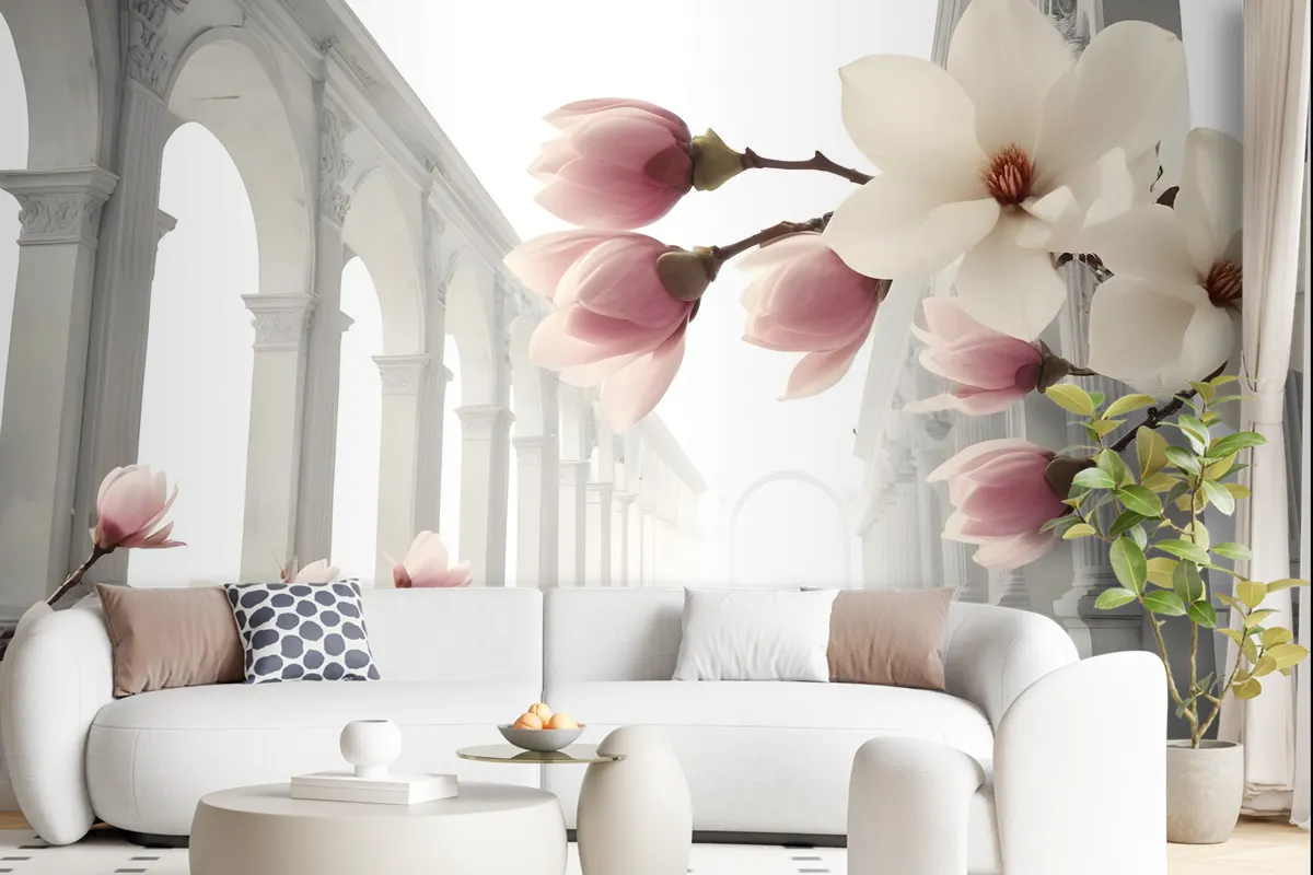 Magnolia Blossom With Column Wallpaper Mural