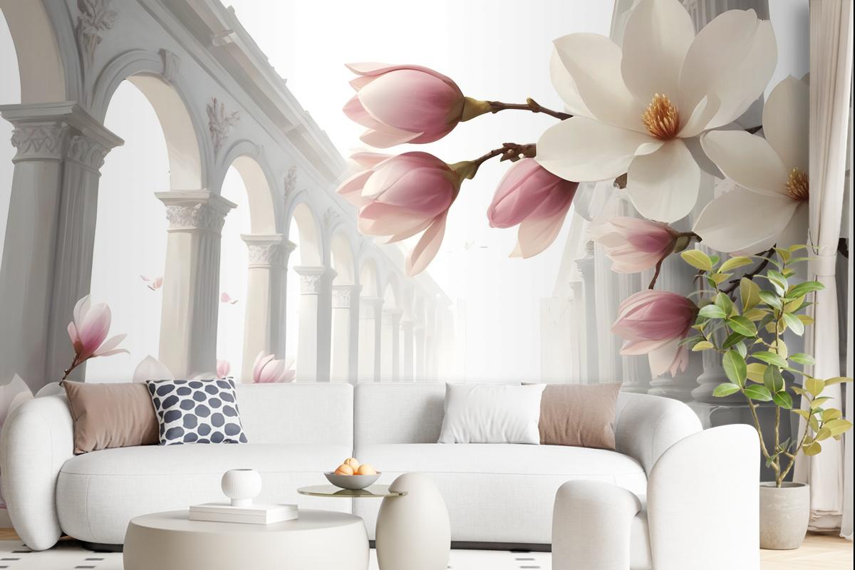 Magnolia Blossom With Column Wallpaper Mural