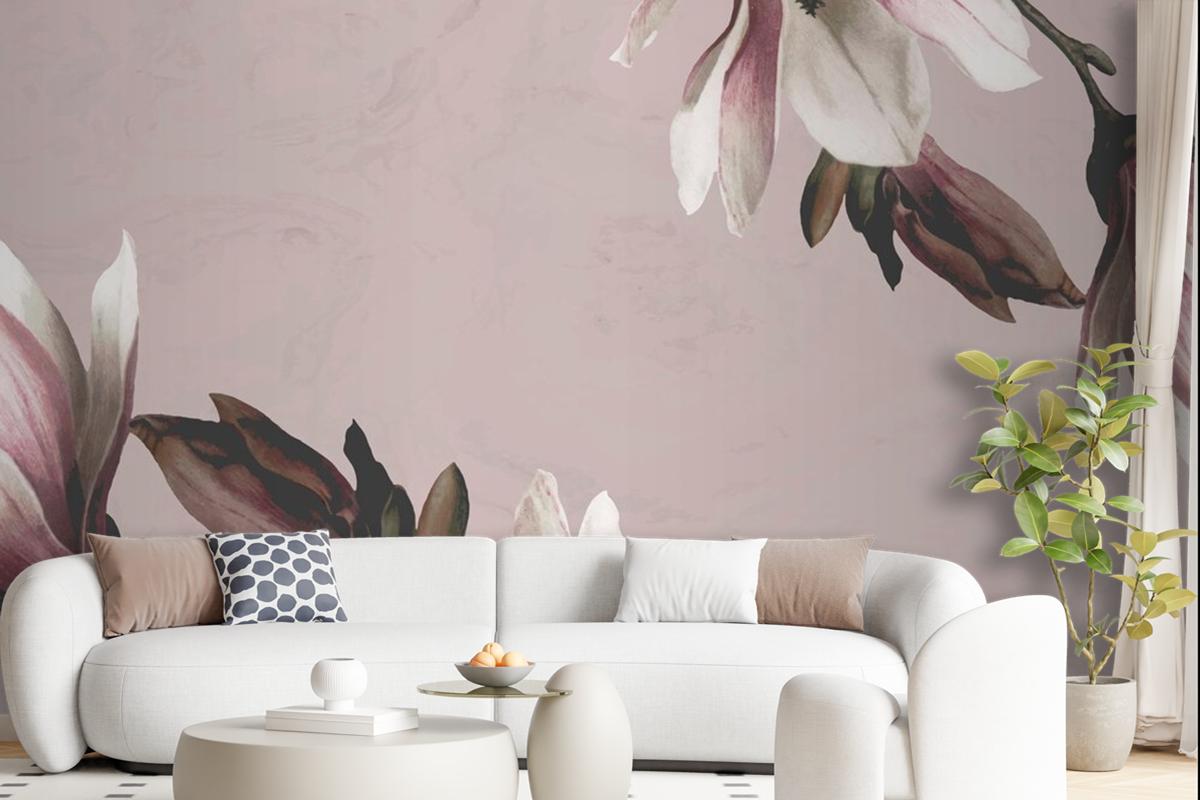 Magnolia Border On Beige Background Wallpaper Mural