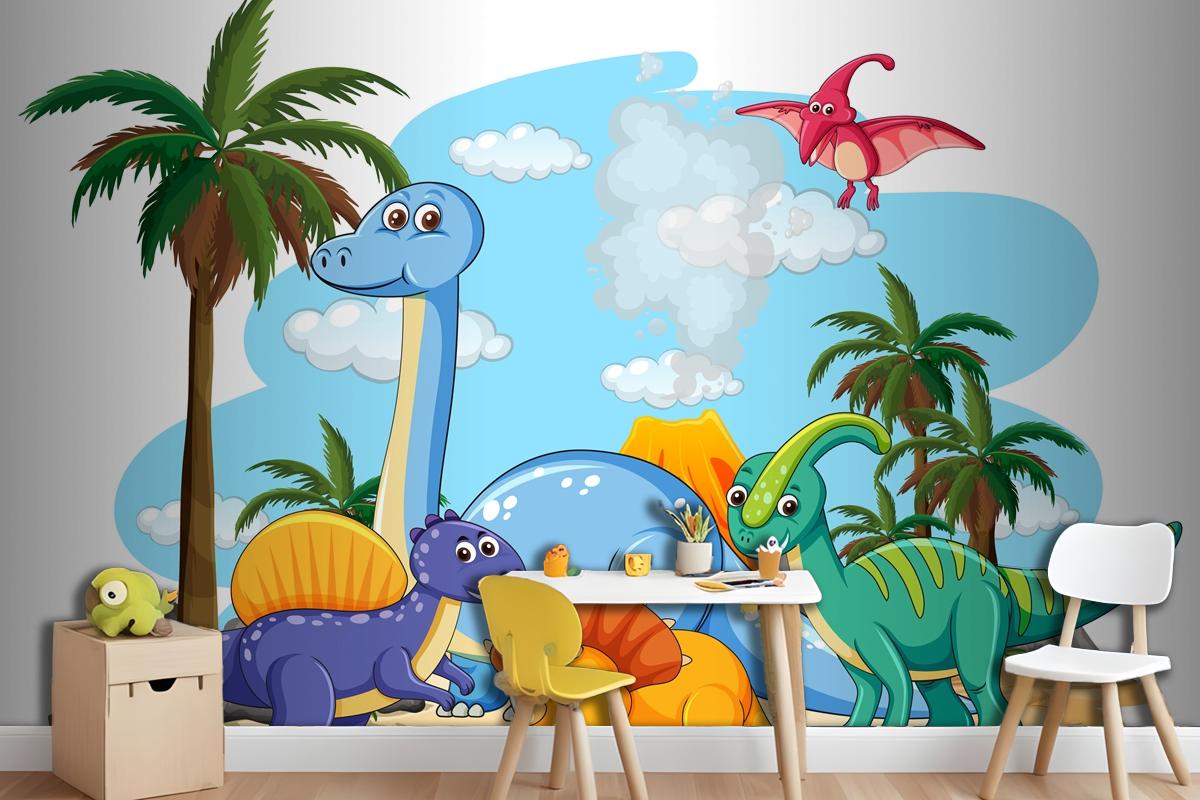 Many Cute Dinosaurs Character In Prehistoric Land Isolated Wallpaper Mural