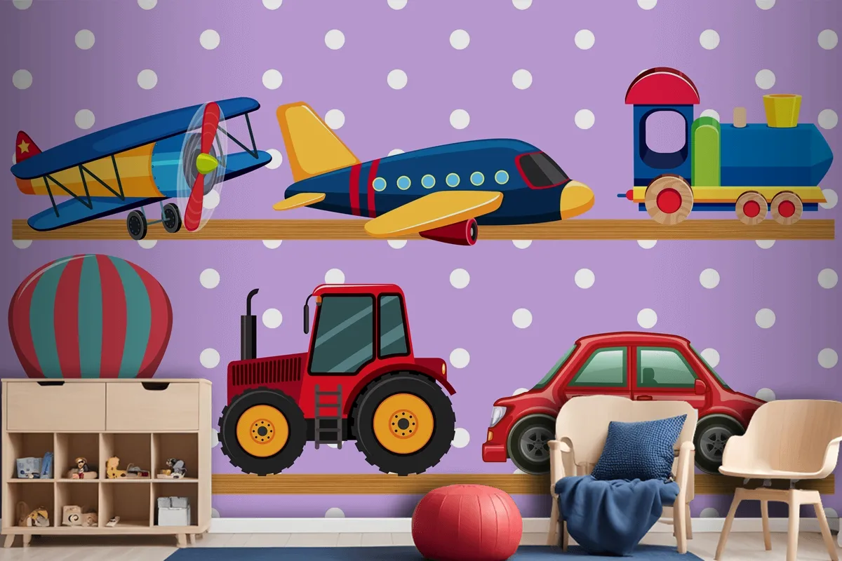 Many Transportation Toys On Wooden Shelves Wallpaper Mural