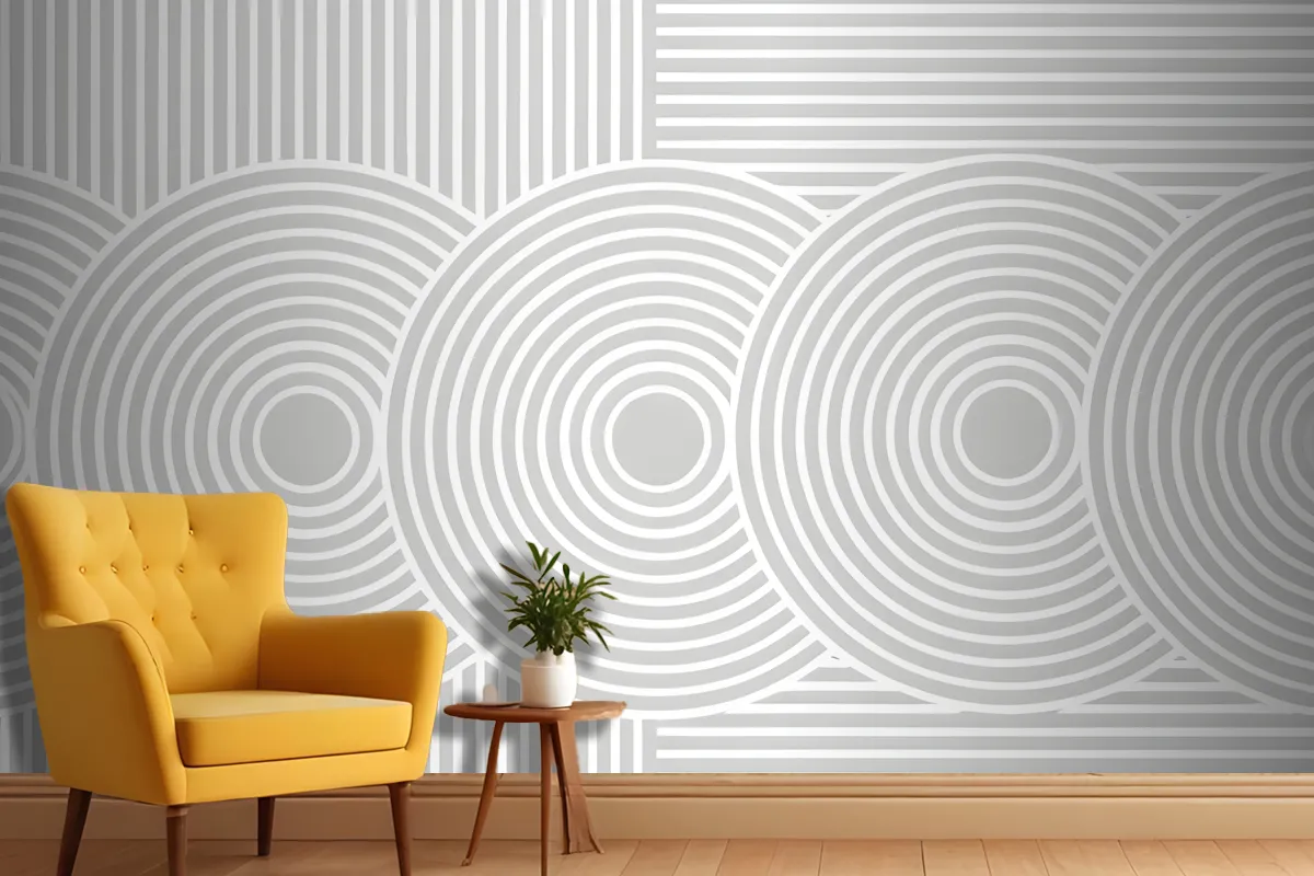 Minimalist Abstract Geometric Patterns Of Concentric Circles And Vertical Lines In Shades Of Gray Wallpaper Mural