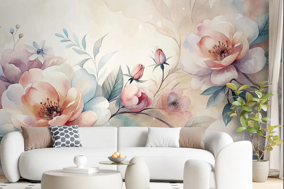 Minimalist Blooming Flower Watercolor Background Beautifully Scattered Wallpaper Mural