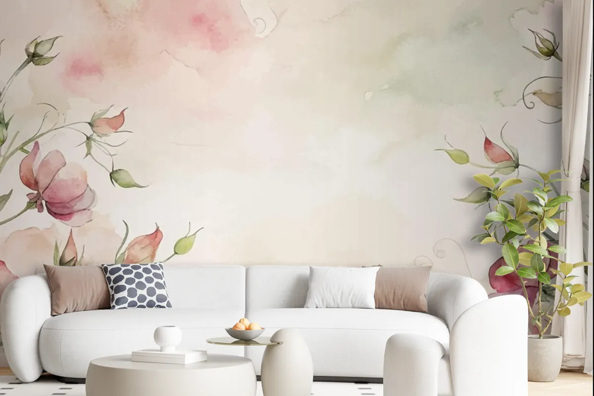 Minimalist Watercolor Background Of Sweet Peas Flowers Wallpaper Mural